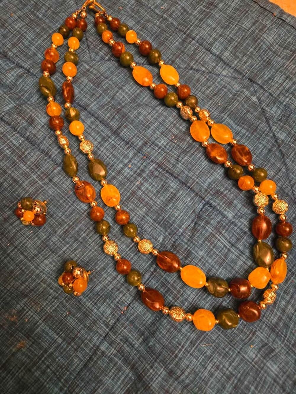Autumn Toned Double Strand Bead Necklace and Earring Set